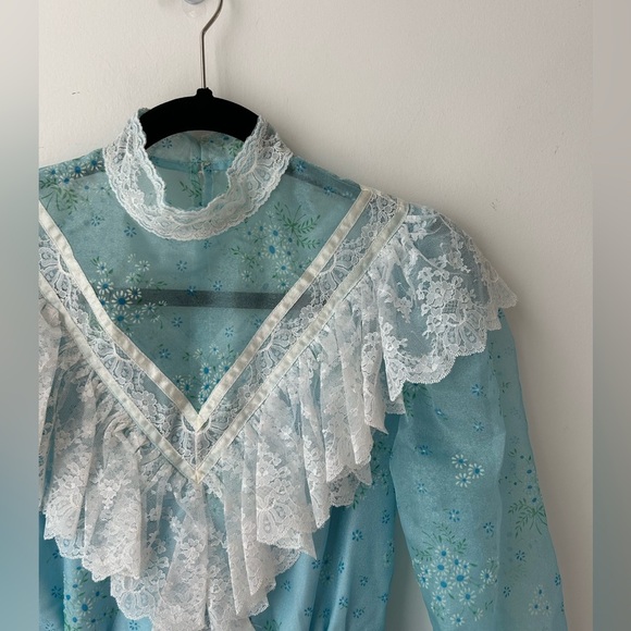 Vintage 70s Gunne Sax Style Blue Prairie Dress High Neck Lace Trim Cottagecore - Picture 2 of 15